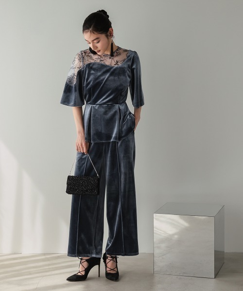Callarus（カラルス）の「【お呼ばれ・よそいき・結婚式・パーティー・オケージョンドレス】アシメレースデザインベロアブラウスパンツセットアップドレス〔Callarus〕（パンツドレス・レディース・グレー/ブラウン・3L/M/LL/L）」の16枚目の写真