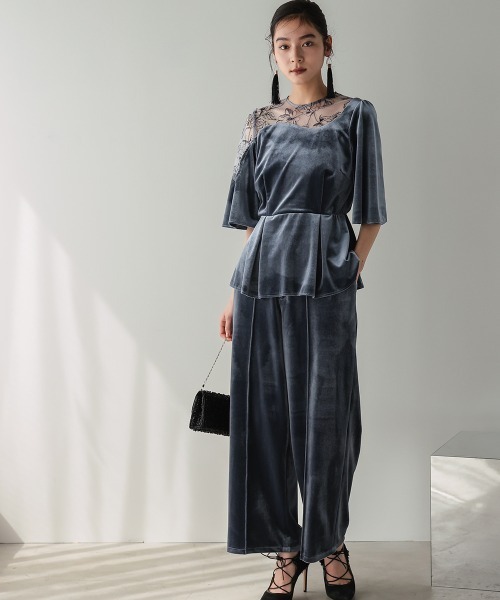 Callarus（カラルス）の「【お呼ばれ・よそいき・結婚式・パーティー・オケージョンドレス】アシメレースデザインベロアブラウスパンツセットアップドレス〔Callarus〕（パンツドレス・レディース・グレー/ブラウン・3L/M/LL/L）」の17枚目の写真