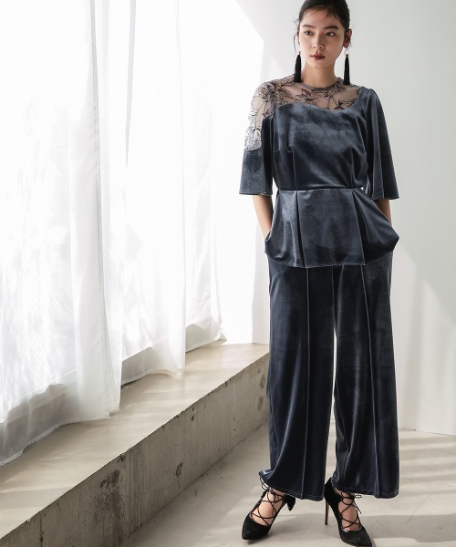 Callarus（カラルス）の「【お呼ばれ・よそいき・結婚式・パーティー・オケージョンドレス】アシメレースデザインベロアブラウスパンツセットアップドレス〔Callarus〕（パンツドレス・レディース・グレー/ブラウン・3L/M/LL/L）」の22枚目の写真