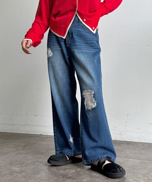 CPCM(シーピーシーエム)の「ダメージレースデニムパンツ(その他パンツ・レディース・ネイビー/サックスブルー/ブラック・PS/FREE)」の1枚目の写真