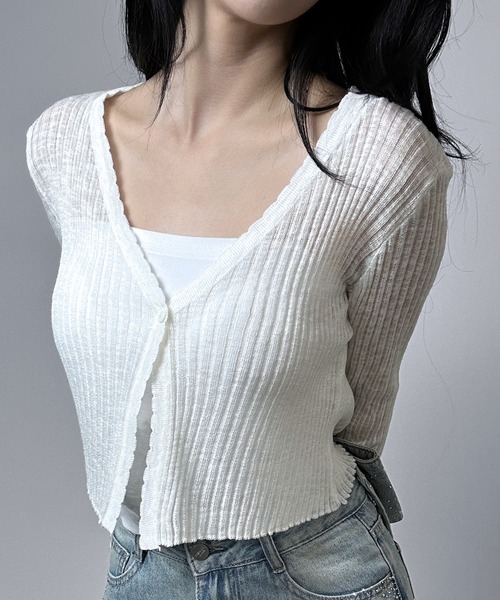 FOLLOWIN(フォロウィン)の「【5COLOR】シアーリブVネックショートカーディガン(カーディガン/ボレロ・レディース・グレー/ホワイト/ブラック/ブルー/アイボリー・FREE)」の2枚目の写真