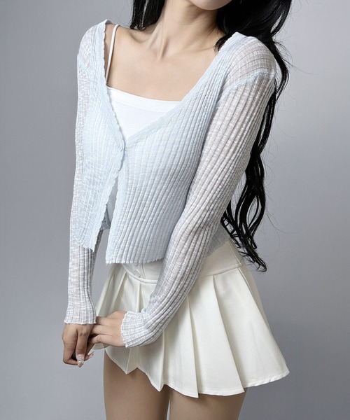 FOLLOWIN(フォロウィン)の「【5COLOR】シアーリブVネックショートカーディガン(カーディガン/ボレロ・レディース・グレー/ホワイト/ブラック/ブルー/アイボリー・FREE)」の5枚目の写真