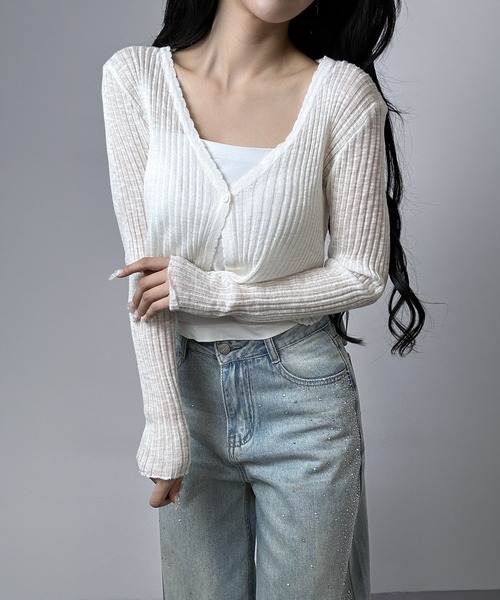 FOLLOWIN(フォロウィン)の「【5COLOR】シアーリブVネックショートカーディガン(カーディガン/ボレロ・レディース・グレー/ホワイト/ブラック/ブルー/アイボリー・FREE)」の15枚目の写真