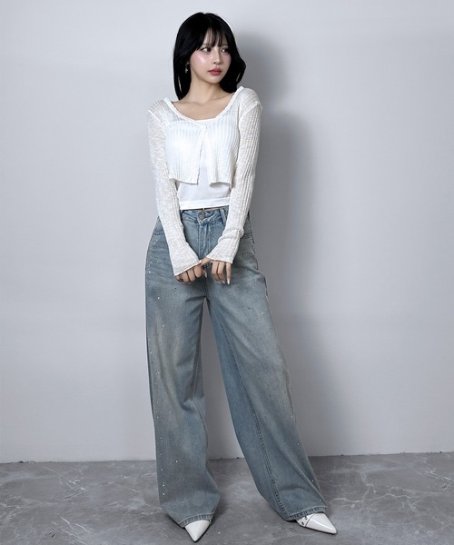FOLLOWIN(フォロウィン)の「【5COLOR】シアーリブVネックショートカーディガン(カーディガン/ボレロ・レディース・グレー/ホワイト/ブラック/ブルー/アイボリー・FREE)」の9枚目の写真