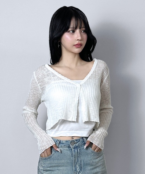 FOLLOWIN(フォロウィン)の「【5COLOR】シアーリブVネックショートカーディガン(カーディガン/ボレロ・レディース・グレー/ホワイト/ブラック/ブルー/アイボリー・FREE)」の13枚目の写真