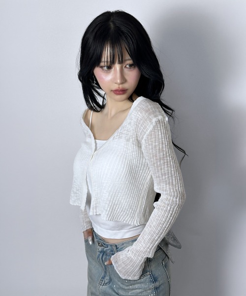 FOLLOWIN(フォロウィン)の「【5COLOR】シアーリブVネックショートカーディガン(カーディガン/ボレロ・レディース・グレー/ホワイト/ブラック/ブルー/アイボリー・FREE)」の14枚目の写真