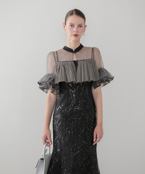 Leja(レジャ)の「【LEJA】オーガンジーフリルボレロスパンコールマーメイドワンピースドレス2点セット美脚効果結婚式 パーティードレス 成人式 二次会 同窓会 お呼ばれ オケージョン 20代 30代(ドレス・レディース・モカ/ブラック・SMALL/MEDIUM)」の9枚目の写真