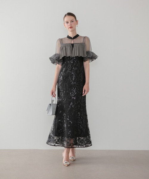 Leja(レジャ)の「【LEJA】オーガンジーフリルボレロスパンコールマーメイドワンピースドレス2点セット美脚効果結婚式 パーティードレス 成人式 二次会 同窓会 お呼ばれ オケージョン 20代 30代(ドレス・レディース・モカ/ブラック・SMALL/MEDIUM)」の7枚目の写真
