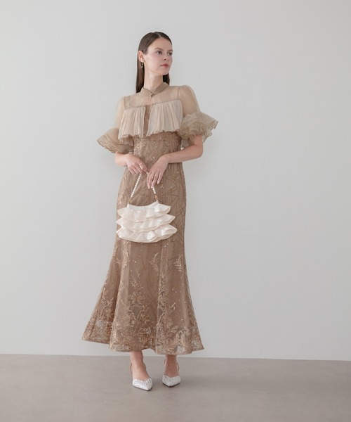 Leja(レジャ)の「【LEJA】オーガンジーフリルボレロスパンコールマーメイドワンピースドレス2点セット美脚効果結婚式 パーティードレス 成人式 二次会 同窓会 お呼ばれ オケージョン 20代 30代(ドレス・レディース・モカ/ブラック・SMALL/MEDIUM)」の16枚目の写真