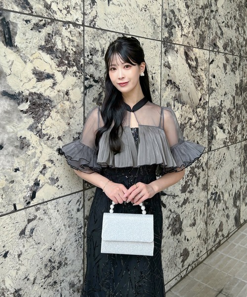 Leja(レジャ)の「【LEJA】オーガンジーフリルボレロスパンコールマーメイドワンピースドレス2点セット美脚効果結婚式 パーティードレス 成人式 二次会 同窓会 お呼ばれ オケージョン 20代 30代(ドレス・レディース・モカ/ブラック・SMALL/MEDIUM)」の14枚目の写真