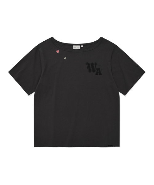 【cheeky】ブラックTシャツ ウィメンズグラフィックボタンオフショルダー半袖Tシャツチャコール（T