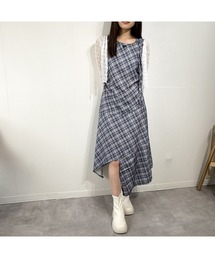 アシンメトリーヘムチェックロングワンピース ノースリーブ