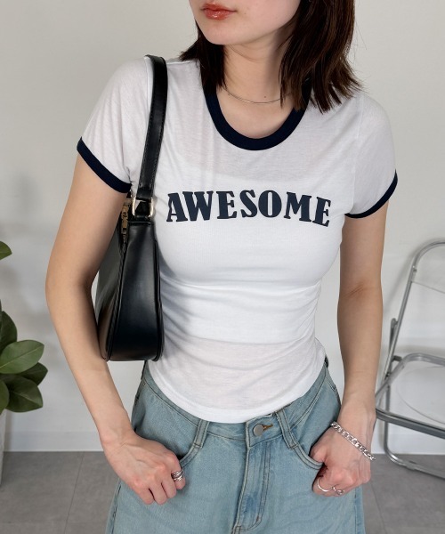 mellomela.(メロメラ)の「ショート丈配色Tシャツ(Tシャツ/カットソー・レディース・ネイビー/スカイブルー/ホワイト・FREE)」の2枚目の写真