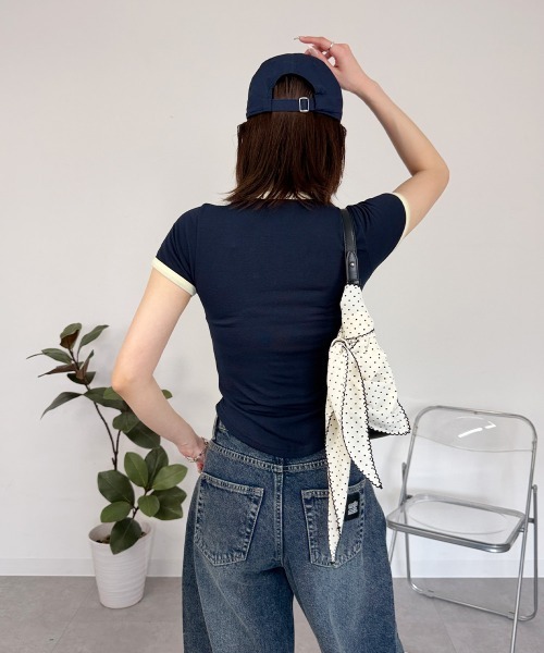 mellomela.(メロメラ)の「ショート丈配色Tシャツ(Tシャツ/カットソー・レディース・ネイビー/スカイブルー/ホワイト・FREE)」の16枚目の写真