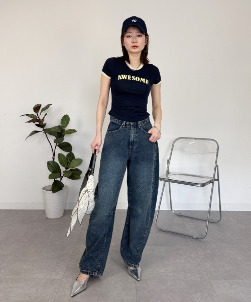 mellomela.(メロメラ)の「ショート丈配色Tシャツ(Tシャツ/カットソー・レディース・ネイビー/スカイブルー/ホワイト・FREE)」の20枚目の写真