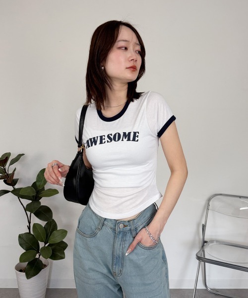mellomela.(メロメラ)の「ショート丈配色Tシャツ(Tシャツ/カットソー・レディース・ネイビー/スカイブルー/ホワイト・FREE)」の5枚目の写真