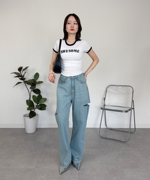 mellomela.(メロメラ)の「ショート丈配色Tシャツ(Tシャツ/カットソー・レディース・ネイビー/スカイブルー/ホワイト・FREE)」の15枚目の写真