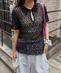 2WAYストレッチレースポロ半袖トップス
