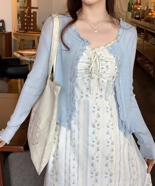 HALEY PESCA(ヘーリーペスカ)の「HALEY PESCA/パステルカラー メロウフリル シアーリブカーディガン(カーディガン/ボレロ・レディース・ピンク/イエロー/ライトブルー/ブラック/グリーン・FREE)」の4枚目の写真