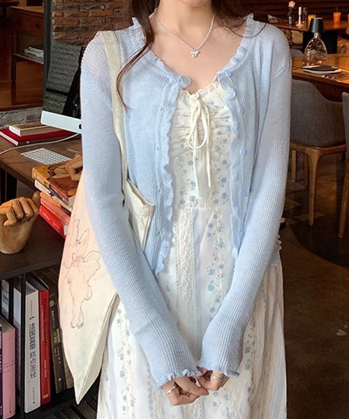 HALEY PESCA(ヘーリーペスカ)の「HALEY PESCA/パステルカラー メロウフリル シアーリブカーディガン(カーディガン/ボレロ・レディース・ピンク/イエロー/ライトブルー/ブラック/グリーン・FREE)」の8枚目の写真
