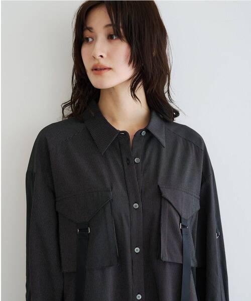 Editt by YECCA VECCA（エディットバイイェッカヴェッカ）の「ミリタリーロングシャツワンピース（シャツワンピース・レディース・カーキ/グリーン/ストライプ・FREE）」の6枚目の写真