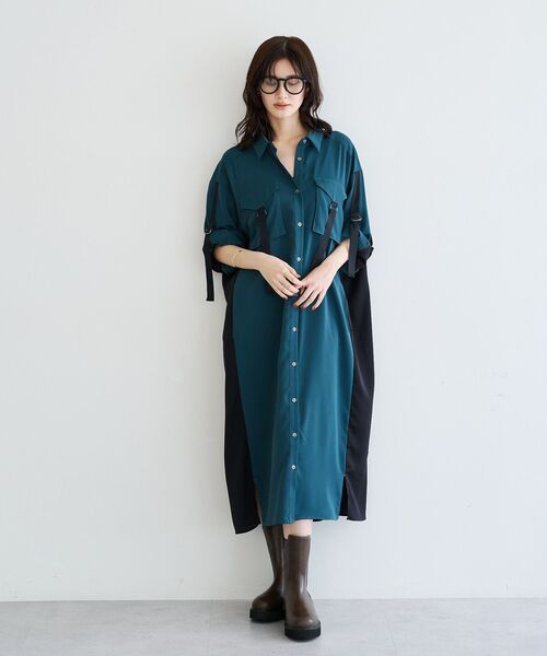 Editt by YECCA VECCA（エディットバイイェッカヴェッカ）の「ミリタリーロングシャツワンピース（シャツワンピース・レディース・カーキ/グリーン/ストライプ・FREE）」の4枚目の写真