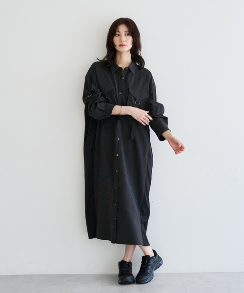 Editt by YECCA VECCA（エディットバイイェッカヴェッカ）の「ミリタリーロングシャツワンピース（シャツワンピース・レディース・カーキ/グリーン/ストライプ・FREE）」の3枚目の写真