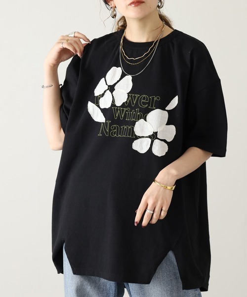 Arinomama(アリノママ)の「Arinomama 220g 16s空紡糸天竺 綿100% フラワーレイヤー ロゴ Tシャツ 半袖(Tシャツ/カットソー・レディース・杢グレー/ブラック/ホワイト・FREE)」の2枚目の写真