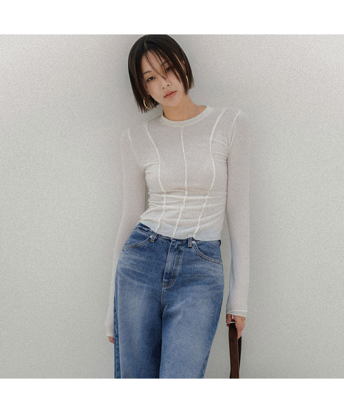 MEMUA(メムア)の「スリミアデッキTシャツ(Tシャツ/カットソー・レディース・ライトグレー/ブラック/アイボリー/ダークベージュ・FREE)」の1枚目の写真