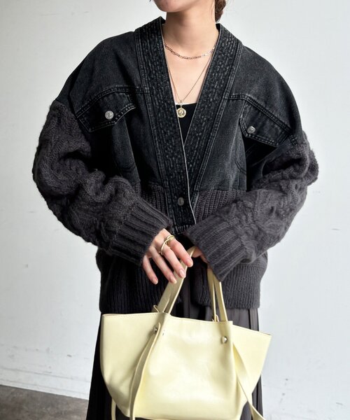 DouDou（ドゥドゥ）の「【WEB限定】デニム×ニットドッキングカーディガン（カーディガン/ボレロ・レディース・ブルー/ブラック/ベージュ・FREE）」の5枚目の写真