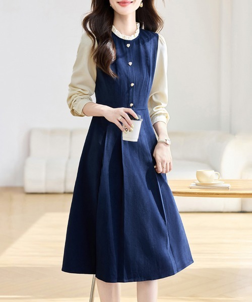 ONEP STAR（ワンピスター）の「配色フリルカラー長袖フレアワンピース（ワンピース・レディース・ネイビー・MEDIUM/X-LARGE/LARGE）」の3枚目の写真