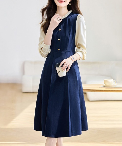 ONEP STAR（ワンピスター）の「配色フリルカラー長袖フレアワンピース（ワンピース・レディース・ネイビー・MEDIUM/X-LARGE/LARGE）」の4枚目の写真