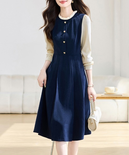 ONEP STAR（ワンピスター）の「配色フリルカラー長袖フレアワンピース（ワンピース・レディース・ネイビー・MEDIUM/X-LARGE/LARGE）」の5枚目の写真