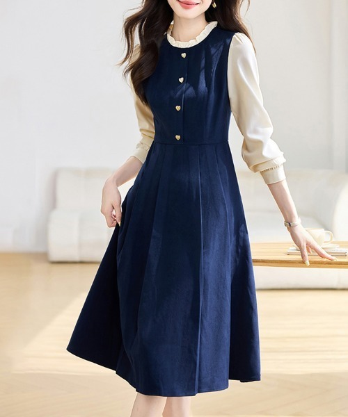 ONEP STAR（ワンピスター）の「配色フリルカラー長袖フレアワンピース（ワンピース・レディース・ネイビー・MEDIUM/X-LARGE/LARGE）」の6枚目の写真
