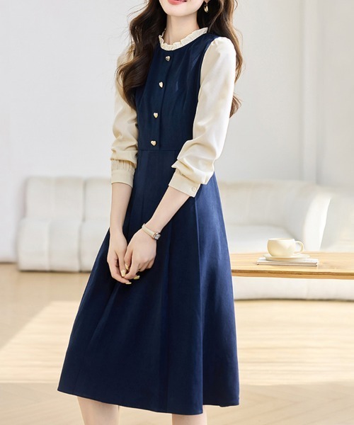 ONEP STAR（ワンピスター）の「配色フリルカラー長袖フレアワンピース（ワンピース・レディース・ネイビー・MEDIUM/X-LARGE/LARGE）」の7枚目の写真