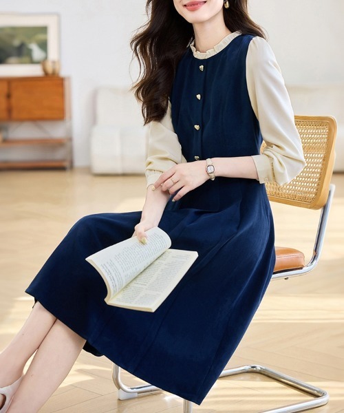ONEP STAR（ワンピスター）の「配色フリルカラー長袖フレアワンピース（ワンピース・レディース・ネイビー・MEDIUM/X-LARGE/LARGE）」の8枚目の写真