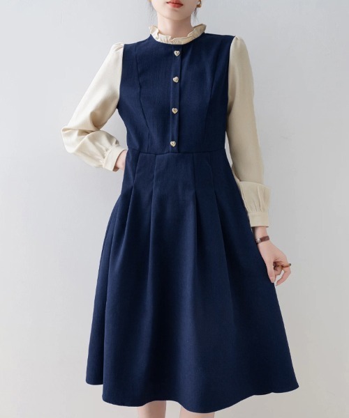 ONEP STAR（ワンピスター）の「配色フリルカラー長袖フレアワンピース（ワンピース・レディース・ネイビー・MEDIUM/X-LARGE/LARGE）」の9枚目の写真