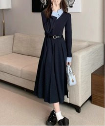 レイヤード風ベルト付き長袖プリーツロングワンピース