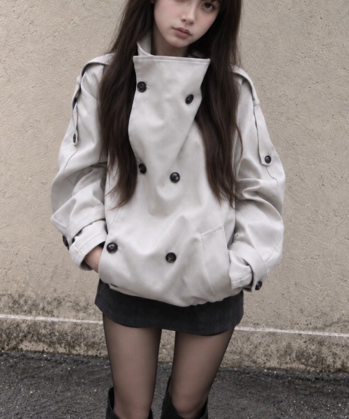 Aelina（エリナ）の「スタンドカラーダブルブレストトレンチコート（トレンチコート・レディース・ブラック/ライトグレー/キャメル・FREE）」の5枚目の写真