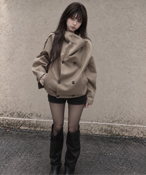 Aelina（エリナ）の「スタンドカラーダブルブレストトレンチコート（トレンチコート・レディース・ブラック/ライトグレー/キャメル・FREE）」の17枚目の写真