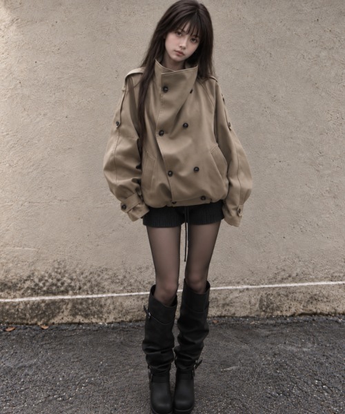 Aelina（エリナ）の「スタンドカラーダブルブレストトレンチコート（トレンチコート・レディース・ブラック/ライトグレー/キャメル・FREE）」の19枚目の写真
