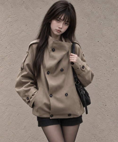 Aelina（エリナ）の「スタンドカラーダブルブレストトレンチコート（トレンチコート・レディース・ブラック/ライトグレー/キャメル・FREE）」の15枚目の写真