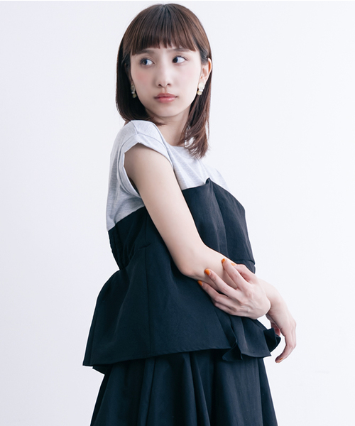 MERLOT（メルロー）の「タックフレアヘムビスチェＴシャツ618-6527（Tシャツ/カットソー・レディース・ホワイト/ピンク/ネイビー/ライトブルー/A/ブラック/オレンジ・FREE）」の2枚目の写真