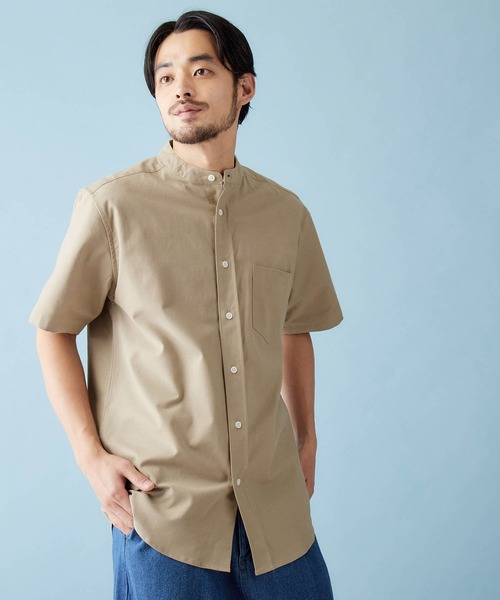 MONO-MART(モノマート)の「バンドカラー ハイストレッチ オックスフォード シャツ(1/2 sleeve)(シャツ/ブラウス・メンズ・オフホワイト/ブラック/グレー/ベージュ/オリーブドラブ/ブルー/ネイビー/サックスブルー・M/L/XL)」の4枚目の写真