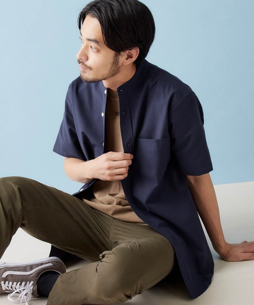 MONO-MART(モノマート)の「バンドカラー ハイストレッチ オックスフォード シャツ(1/2 sleeve)(シャツ/ブラウス・メンズ・オフホワイト/ブラック/グレー/ベージュ/オリーブドラブ/ブルー/ネイビー/サックスブルー・M/L/XL)」の6枚目の写真