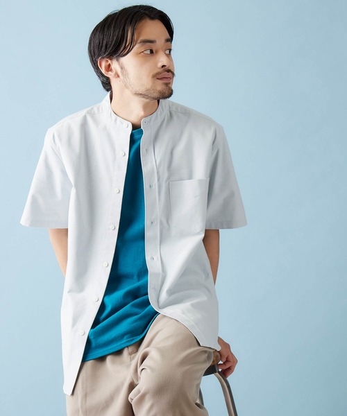 MONO-MART(モノマート)の「バンドカラー ハイストレッチ オックスフォード シャツ(1/2 sleeve)(シャツ/ブラウス・メンズ・オフホワイト/ブラック/グレー/ベージュ/オリーブドラブ/ブルー/ネイビー/サックスブルー・M/L/XL)」の7枚目の写真