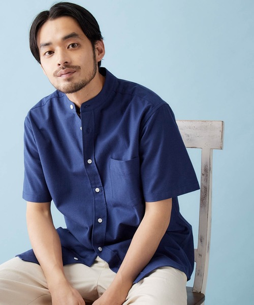 MONO-MART(モノマート)の「バンドカラー ハイストレッチ オックスフォード シャツ(1/2 sleeve)(シャツ/ブラウス・メンズ・オフホワイト/ブラック/グレー/ベージュ/オリーブドラブ/ブルー/ネイビー/サックスブルー・M/L/XL)」の8枚目の写真