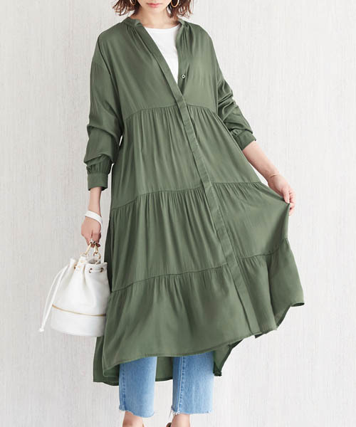 Pierrot（ピエロ）の「ティアードノーカラー シャツワンピース（ワンピース・レディース・ライトベージュ/カーキ/ネイビー・M）」の17枚目の写真