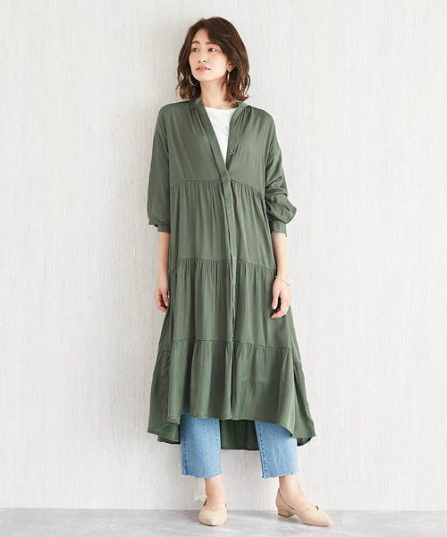 Pierrot（ピエロ）の「ティアードノーカラー シャツワンピース（ワンピース・レディース・ライトベージュ/カーキ/ネイビー・M）」の16枚目の写真