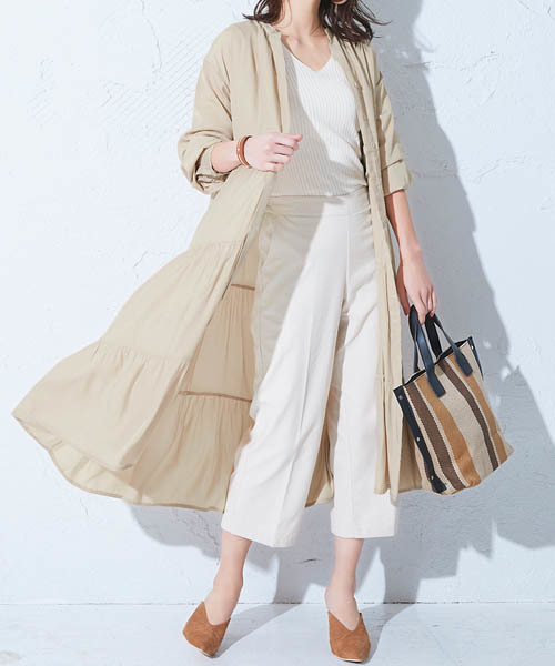 Pierrot（ピエロ）の「ティアードノーカラー シャツワンピース（ワンピース・レディース・ライトベージュ/カーキ/ネイビー・M）」の13枚目の写真